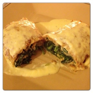 Spinach and Cream Cheese Pancakes with Cheese Sauce